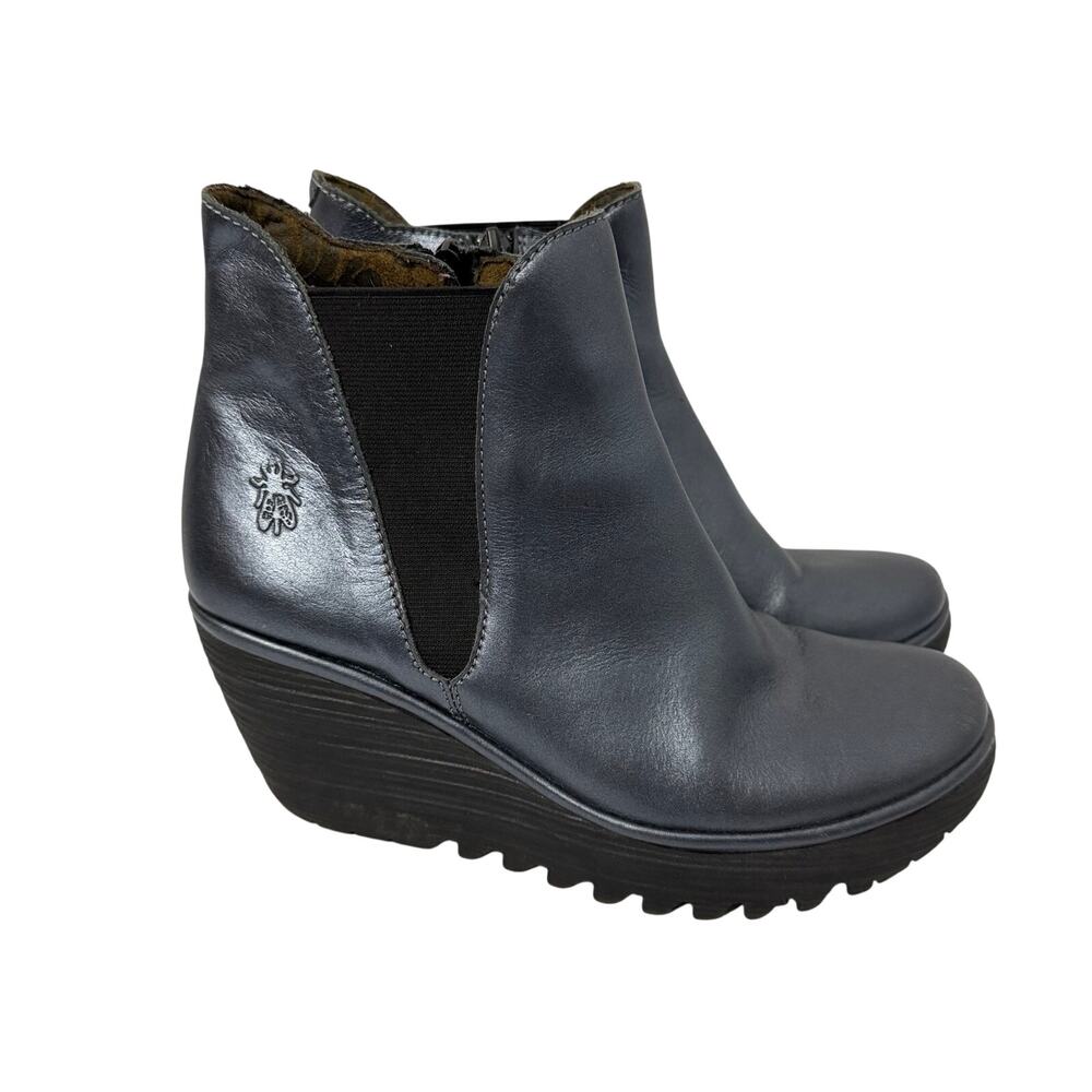 Fly London Yoss Boots Womens Size 8 Navy Blue Metallic Leather Wedge Booties 38 - Picture 1 of 12